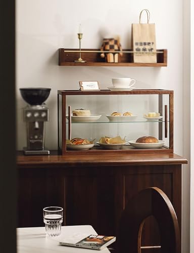 Vitrina de madera para panadería con encimera de vidrio transparente y 2 bandejas, ideal para exhibir pasteles y coleccionables