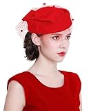 ORIDOOR Women's British Style Pillbox Church Derby Wedding Winter Vintage Fascinator Beret 100% Wool Felt Veil Hat, 01b Red, One Size