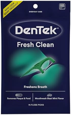 DenTek Fresh Clean Floss Picks, Extra Tight Teeth Dental Flossers, Freshens Breath, Removes Plaque and Food, Mouthwash Blast Mint Flavor, 75 Count (Pack of 1)
