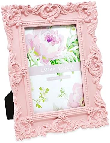 Laura Ashley 4x6 Pink Ornate Textured Hand-Crafted Resin Picture Frame with Easel & Hook for Tabletop & Wall Display, Decorative Floral Design Home Décor, Photo Gallery, Art, More (4x6, Pink)