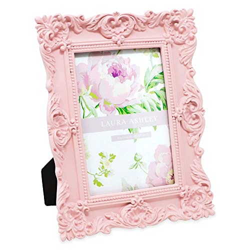Image of Laura Ashley 4x6 Pink Ornate Textured Hand-Crafted Resin Picture Frame with Easel & Hook for Tabletop & Wall Display, Decorative Floral Design Home Décor, Photo Gallery, Art, More (4x6, Pink)
