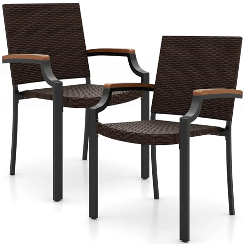 Tangkula Stackable Patio Wicker Dining Chairs Set of 2, Outdoor Rattan Cushioned Chairs with Acacia Wood Armrests & Metal Frame, for Backyard, Porch, 400 lbs Max Load