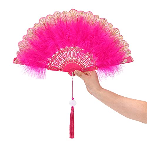 Feather Folding Hand Fan for Dancing, Hot Pink, with Tassel, Classical Style, Cheongsam Fashion Show