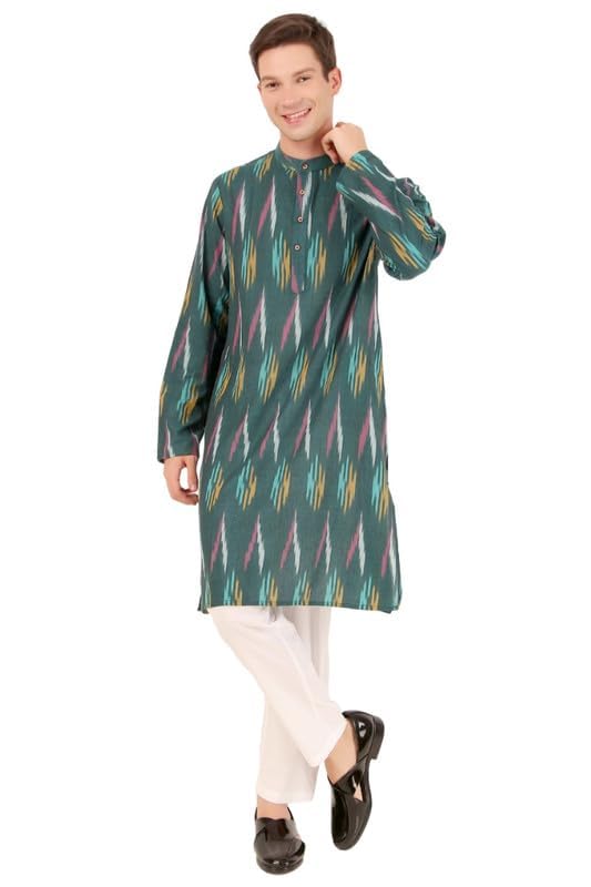 Ikkat Kurta Pajama Set Mens Cotton Band Collar elegant Design Ethnic Wear - Main Image