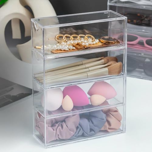 Image of 2PC Acrylic Sunglass Organizer with 2PC Glasses Cleaning Cloth, Clear Glasses Holder, Eyeglass Eyewear Display Case 4 Drawer Tray for Women Men Glasses Jewelry Watch Make-up Storage