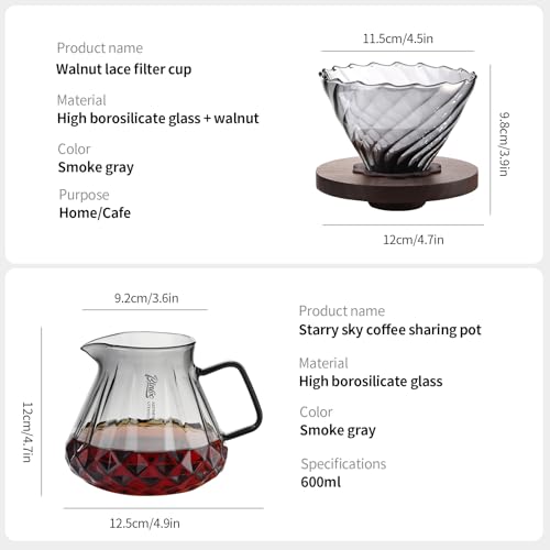 Image of Bincoo Pour Over Coffee Maker&Dripper, Style Cone Filter + 600ml Glass Coffee Server, Manual Coffee Brewer Set, Reusable Coffee Filter Holder, Great Gift for Coffee Enthusiasts(Grey