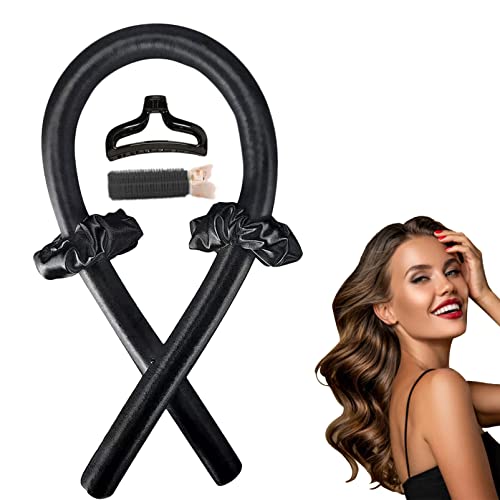 Women Heatless Curling Curlers Rod Headband for Long Hair, No Heat Hair Rollers Curl Curls Hair Clips Scrunchie Rods Large Big Soft Silk Foam Black Curler Waves Ribbon Sleep Flexible Wet