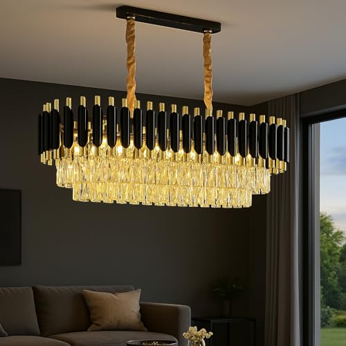 Image of DREAMY DESIGNS Chandelier Lights for Ceiling Black Gold 600 * 300 MM 3-Tier K9 Glass Crystal Chandeliers for Living Room Smart 3 Mode LED Light Plate Modern Jhumar Designer Bedroom and Dining Room