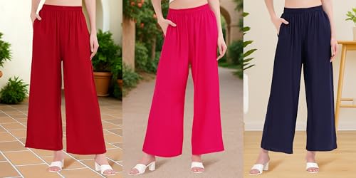 Image of Buy That Trendz Palazzo Pants for Women Rayon Elasticated Regular Fit Flared Wide Leg M to 6XL Pack of 3