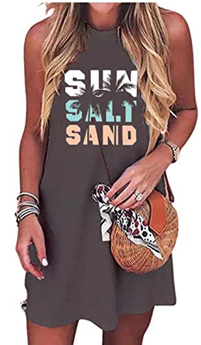 Image of Sun Salt Sand Coconut Tree Sleeveless Mini Dress Women Casual Summer Beach Vacation Dress Workout Tank Dress