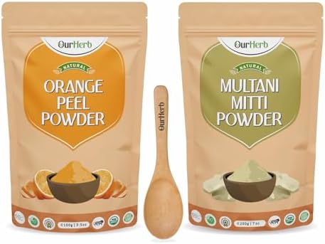 Orange Peel + Multani Mitti Powder | Face Pack Pure & Natural Skin Whitening | Face mask and Facial | for All Type of Skin Care with Spoon Combo Pack - 200g (100g X 2)