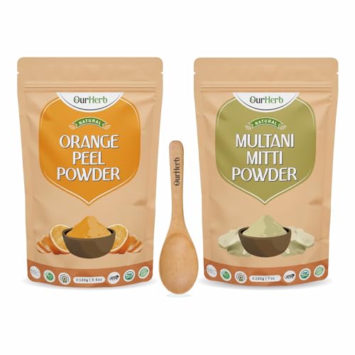 Orange Peel + Multani Mitti Powder | Face Pack Pure & Natural Skin Whitening | Face mask and Facial | for All Type of Skin Care with Spoon Combo Pack - 200g (100g X 2)