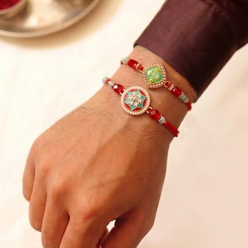 Image of Peora Rakhshabandhan Thread Rakhi for Brother Bhaiya | Kundan Beads & Crystal Studded | Combo Set of 2 | Rakhi Hamper Roli Chawal & Greeting Card