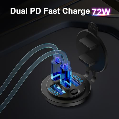Image of 2 Pack Dual PD 30W USB C Port and Dual Quick Charge 3.0 Port 12V USB Outlet with Power Switch, 78W Multiport Car Charger Socket Waterproof DIY Accessories for Car Boat Marine Motorcycle RV ATV
