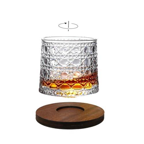 Image of Spinny Whiskey Glasses Set | Rotatable Heavy Base Tumbler Crystal Glass Cups, Glasses with Creative Coasters | Perfect for Scotch, Bourbon, Juice, Water, Cocktails (150 ml - Design D with Coaster)