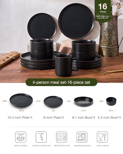 Image of Famiware Nebula Ridge Stoneware Dinnerware Sets with Pasta Bowls, Plates and Bowls Sets, Service for 4 (16 Pieces), Microwave and Dishwasher Safe Kitchen Plates, Matte Black