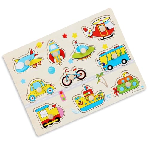 Puzzle en bois de voiture - 1 an - Jouet à emboîter - Puzzle en bois avec de grands boutons en bois à saisir - Jouet éducatif pour garçons et filles de 36 mois - 9 pièces