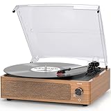 Retro Record Player for Vinyl with Speakers Vintage Turntables Vinyls Records Belt-Driven Turn Table 3-Speed 3 Size 33 1/3 45 78 RPM Wireless Playback Headphone AUX RCA Line LP Players Wood Grain