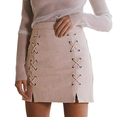 katiewens Women s Classic High Waist Lace Up Bodycon Faux Suede A Line Mini Pencil Skirt Nude Pink