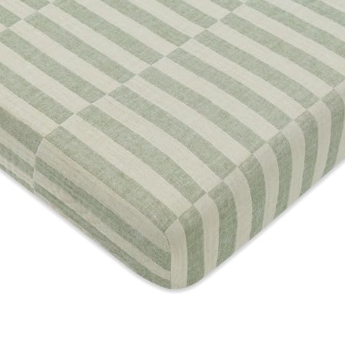 Babyletto 100% Organic Cotton Mini Crib Sheet, GOTS-Certified, Fitted 360°, Ultra-Soft and Breathable Muslin - Moss Green Offset Stripe