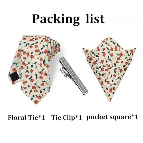 Image of YourTies Cotton Floral Tie for Men 2.5 inch Printed Skinny Necktie Pocket Square Tie Clip Set Flower Wedding Party Groom