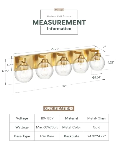Image of Bathroom Light Fixtures, 5 Light Brushed Gold Vanity Light, 32 Inch Modern Wall Sconces with Globe Clear Glass Shade, Vanity Lighting Fixtures Over Mirror, VL195-BG-CL-5
