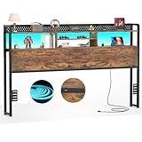 Unikito Headboard for King Size Bed with Storage Shelf, Head Board with 3 Outlets and 2 USB Ports, Headboards with RGB LED Light, Height Adjustable, Sturdy and Stable, Easy Assembly, Rustic Brown