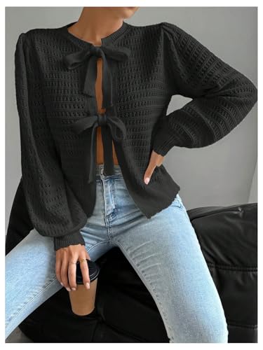 Image of GORGLITTER Women's Long Sleeve Tie Front Cardigan Fall Sweaters Lightweight Crochet Knit Tops Black X-Large