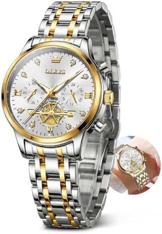 OLEVS Gold and Silver Women Watches Luxury Chronograph Ladies Watches for Small Wrists Stainless Steel Watch Womens Casual Two Tone Waterproof Ladies Watches Multifunctional Quartz Diamond Reloj de Mujer