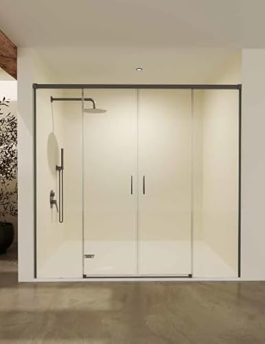 Mice - Mampara de Baño Frontal /2 Paneles Fijos + 2 Puertas Correderas/Mampara de bañera/Cerramiento de ducha/Mampara corredera con perfilería de aluminio color Black Gun Metal/Medida 200 x 195 cm
