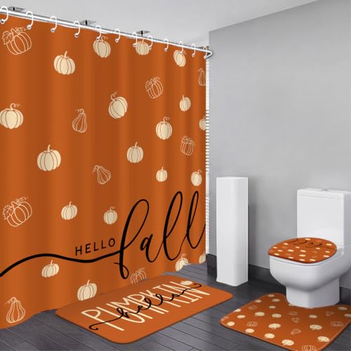 Drydiet 4 Pcs Fall Pumpkin Shower Curtain Set Non Slip Rugs Toilet Lid Cover U Shape Bath Mat and 12 Hooks Bathroom Supplies Hello Fall Bathroom Set for Autumn Harvest Home Decor