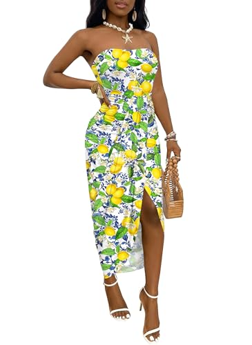 Image of Umenlele Women's Strapless Ruched High Waist Wrap Split Asymmetrical Beach Maxi Long Dress