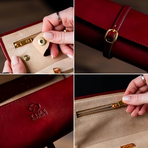 Image of Time Resistance Leather Jewelry Roll - Full Grain Leather Travel Jewelry Case - Jewellery Organizer Made in Italy (Red)