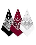 Bycc Bynn 3 Pack 100% Cotton Paisley Bandanas Square Scarf Headwear (Black + Burgundy + White)