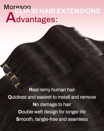Image of Moresoo Dark Brown Clip in Hair Extensions 26 Inch, Thick Volume | Real human hair clip in extensions, 160g 7pcs, double weft straight hair for added length and daily styling