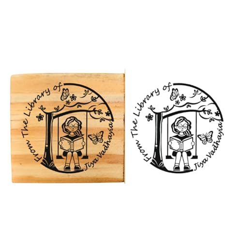 Image of Kunya Personalised Book Stamp with Your Name(3.5 cm Dia), customised for Stamping Books for Readers, Great Gift for booklovers, Kids, Teachers (Swinging Girl)