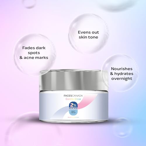 Image of FACES CANADA 2% Kojic Acid Comfy Glow Night Cream with Niacinamide & Alpha Arbutin for Skin Brightening (25 gm) | Face Cream I Night Cream I Kojic Acid Glowing & Brightening Cream | Fades Dark Spots & Acne Marks | Nourishes & Hydrates