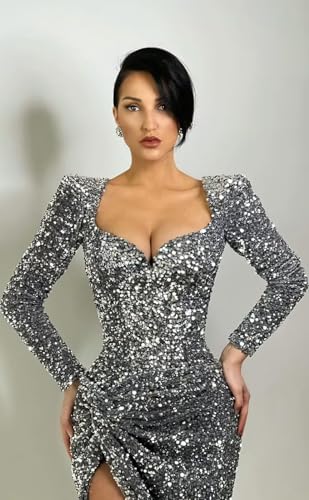 Women's Sequin Prom Dress with Slit Long Sleeve Mermaid Evening Gown Long Sparkly Ruched Formal Party Dress3