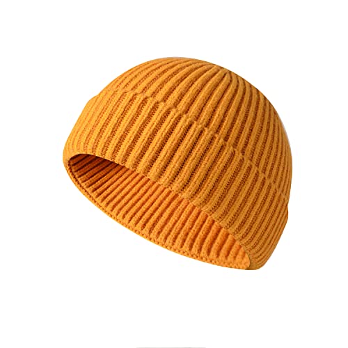 MAIAGO Fisherman Beanie for Men Women, 1 Pack Wool Knit Cuff Beanie Cap Beanie Hat Warm Hats Yellow