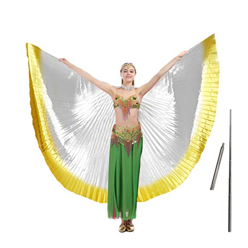 iMucci 55inch Adult Women Belly Dance Wing with Rods360 Degree Isis Angel Wings with Portable Telescopic Sticks Silver Gold