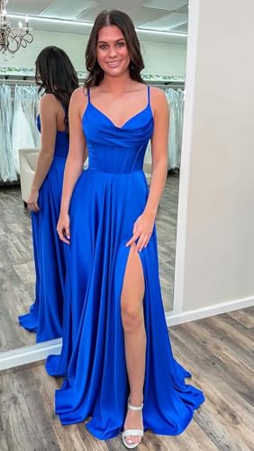 Spaghetti Straps Prom Dresses for Women with Slit Pockets Pleated A-Line Satin Corset Formal Party Gown4