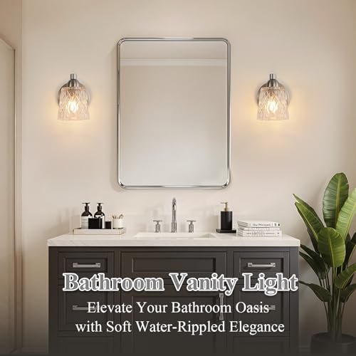 Image of Mecgirn Stainless Steel Bathroom Vanity Light Over Mirror, 1 Light Brushed Nickel Bathroom Light Fixtures with Textured Glass Shades, Modern Vanity Lighting Wall Mount