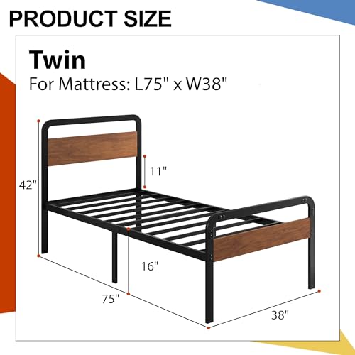 EMODA 16 Inch Twin Size Bed Frames with Wooden Headboard and Footboard, Heavy Duty Metal Slats Support Mattress Foundation, No Box Spring Needed, Easy Assembly