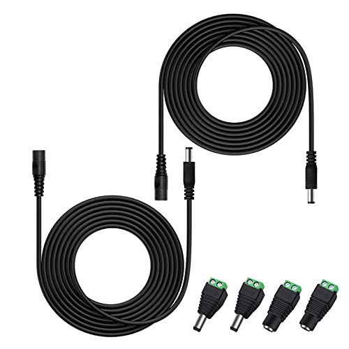 2PCS 10FT(3m) 12V DC Power Extension Cable with Power Jack Adapter Connectors(2 x Male + 2 x Female) 5.5mm x 2.1mm DC Power Adapter Extension Cord and Cable Wire Ends Plug HE016