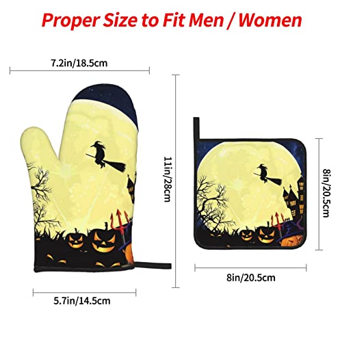 Halloween Moon Horrible Pumpkin Printed Oven Mitts And Pot Holders Heat Resistant Potholders Oven Gloves And Pad For Baking Kitchen Grilling - 4 Set #TOP4