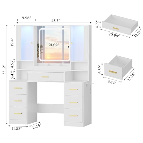 Image of HUANLEGO Makeup Vanity Desk with Mirror and LED Lights for Girls, White | Farmhouse Dressing Table Set for Women, LED Glass Cabinet, 7 Drawers, Power Outlet, Hair Dryer, 3 Lighting Modes