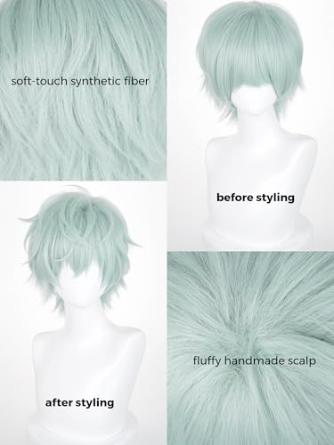Image of Half and Half Short Light Green Anime Male Wig for Till Cosplay Green Wigs with Bangs for Men Light Teal Spiky Layered Wigs for Unisex Women Halloween Party Costumes