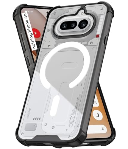 Image of RIGGEAR Shockproof Clear Hybrid Airbag Armor Magnetic Back Cover Case Compatible with MagSafe Accessories for Nothing Phone 4a 5G (Clear-Black TPU Bumper + Transparent PC)(White)