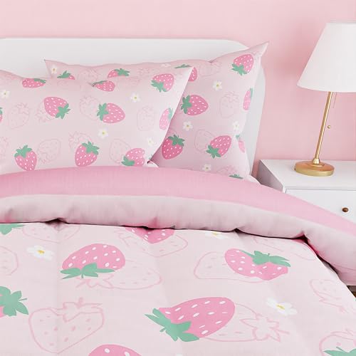 Image of SANDJEST Strawberry Comforter Set Twin Size 68x86in for Kids Girls, Microfiber 3 Pcs Bedding Set Includes 1 Comforter, 1 Pillowcase, 1 Fitted Sheet, Nursery Room Decor