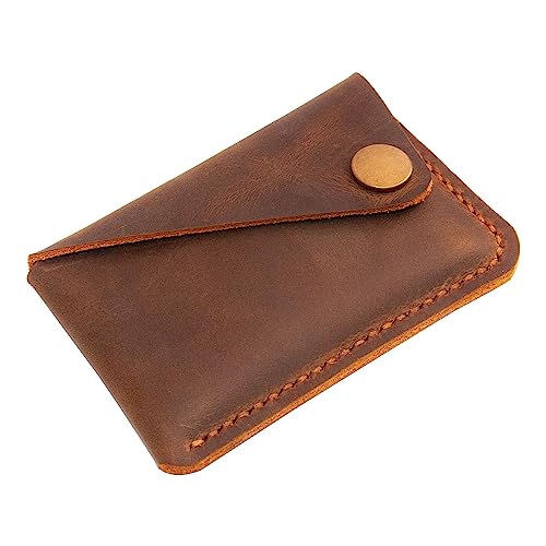 Leather Wallet, Snap Button Closure, Brown Slim Credit Card Holder,HandMade Simple Card Case for Men Women